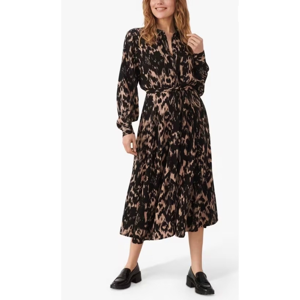 Part Two Stockholm Romy Ecovero Viscose Midi Tie‎ Waist Black Ikat Shirt Dress M